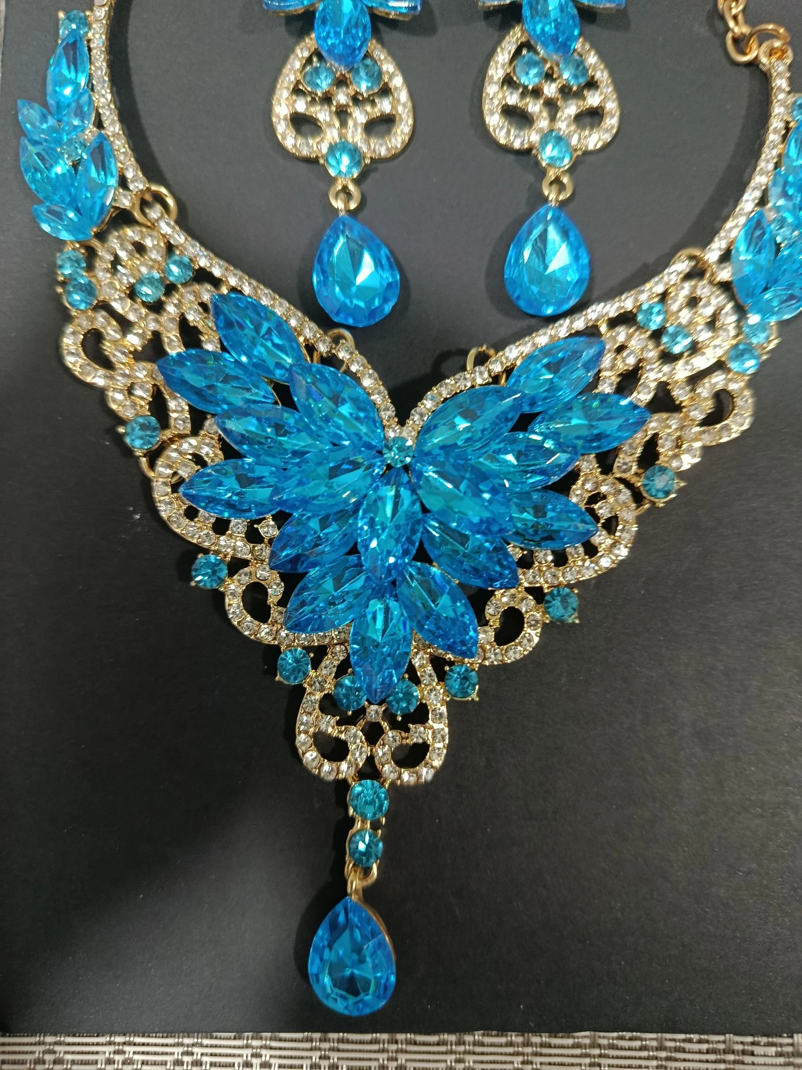 Conjunto de joias colar e brincos brilhantes azul e dourado elegante para casamento festa evento – photo 2